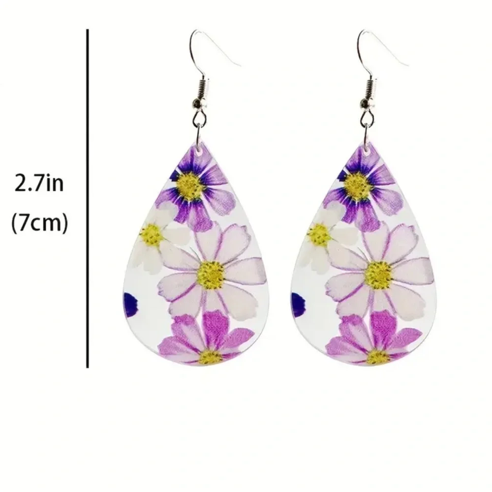 Floral Print Clear Acrylic Water Drop Dangle Earrings